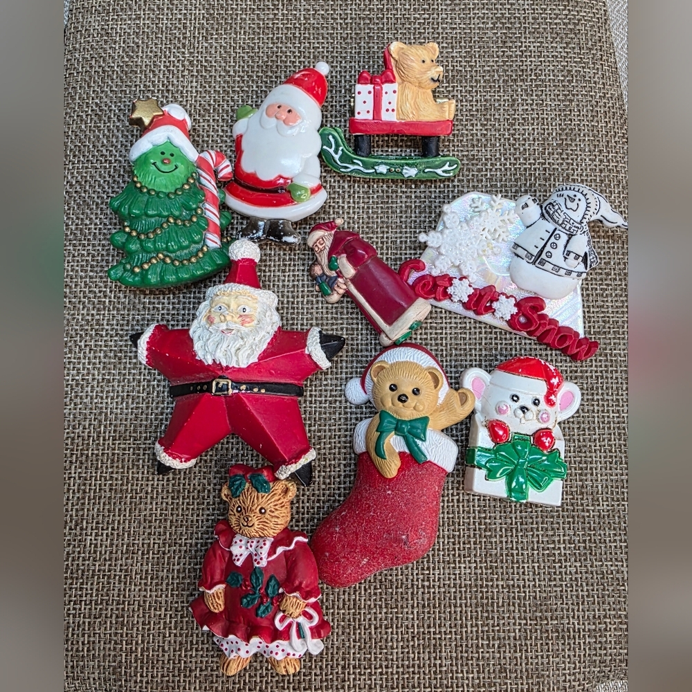 Vintage Christmas Brooch Set Christmas Tree Santa Present Snowman HALLMARK AVON